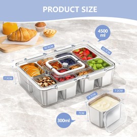 Snackle Box Container with 8 Removable Stainless Steel Containers – Clear Divided Serving Snack Tray with Lid & Handle – Leak-Proof for Wet/Dry Food – Perfect for Parties, Travel, Office