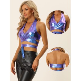 Allegra K Metallic Halter Neck Top for Women's Deep V Neck Backless Holographic Crop Tops X-Small Blue Purple