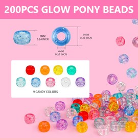 Kinretixia 200 pieces glitter beads, pony beads, bulk pack, acrylic beads, 9 mm, large plastic beads for bracelets, hair braids, handicrafts, DIY projects