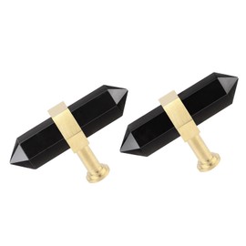 SUNYIK Pack of 2 Black Obsidian Crystal Point Drawer Knobs with Screws, Hexagonal Double Point Stone Pull Handles for Cabinet Dresser Home Furniture Decor, Brass Handle