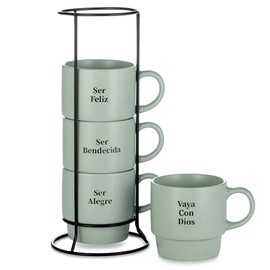 Signature Housewares Stackable Coffee Mug Tower Set with Metal Wire Rack - 15 Ounce Coffee Mugs for Coffee, Tea, Cocoa, Milk, Cappuccino, Hot Chocolate Set of 4 - Spanish Bendecida Blessed
