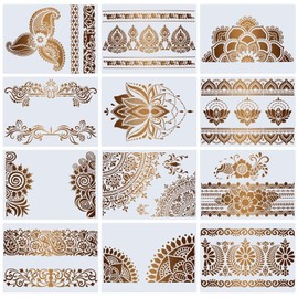 Mandala Stencil for Crafts Reusable Flower Border Stencils 12 Pcs Floral Edge Stencils Mandala Templates Stencils for Furniture Painting on Wall Tile Wood Window Home Decoration