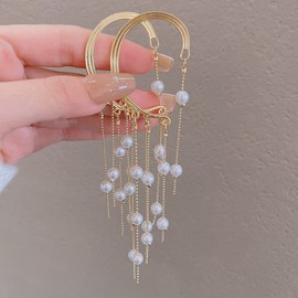 Pearl Ear Cuff Earrings For Women Non Pierced Gold Adjustable Ear Cuff Wrap Crawler Climber Clip On Cute Dainty Aesthetic Long Faux Pearl Tassel Chain Drangle Drop Earrings For Bridal Bridesmaid,
