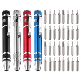 HARFINGTON 4pcs 8 in 1 Mini Pocket Pen Screwdriver Set CR-V Multi-Function Small Magnetic Screw Driver with Phillips and Flat Head Bits for Computer Eyeglasses