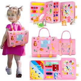 Funsland Busy Board Montessori Toy, Toddler Quiet Book Activity Board Car Aeroplane Travel Toy, Baby Motor Skills Toy, Sensory Learning Toys Gift Girls from 1 2 3 4 Years, Pink