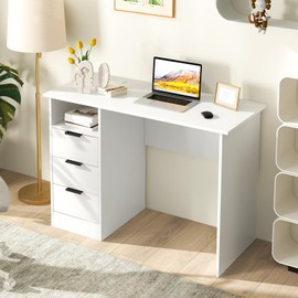 Giantex White Desk with Drawers, Modern Computer Desk with Charging Station, PC Laptop Table Computer Workstation with Storage, Makeup Vanity Table, Writing Desk for Bedroom