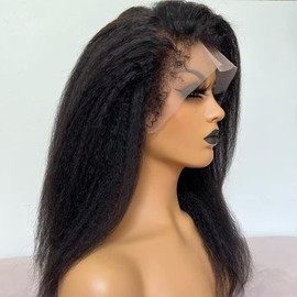 Curly Baby Hair HD 360 Lace Frontal Wig Yaki Kinky Straight Human Hair Wigs Pre Plucked Curly Baby Hair Transparent HD 360 Lace Front Wigs Glueless Kinky Edge Wig with Bleached Knots for Women 16"
