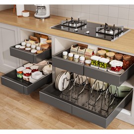 Seinloes 4 Pack Pull out Cabinet Organizer 21"Deep With Raising Pad for Framed Cabinets, Expandable Slide out Drawers for Kitchen Cabinets with 4pcs Divider Racks, Roll out Shelves 12.4"-20.5" W Black