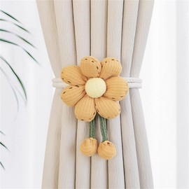 champracer Pack of 2 Curtain Tiebacks Flowers Curtain Holders Handmade Knitted Curtain Holder Elastic Curtain Holder Drawstring Curtains Cord for Office Home Decoration (Yellow, 45 cm)