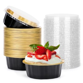 Beasea Disposable Ramekins with Lids, 8 oz 50 Pack Black Gold Aluminum Foil Cups, Disposable Creme Brulee Muffin Cupcake Baking Cup Mini Pudding Cups for Party Wedding Birthday