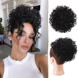 Sidaila Messy Bun Hair Piece Curly Bun Hair Pieces for Women 80g Drawstring Ponytail Loose Wavy Hair Buns Hair Piece Short Ponytail Extension Tousled Fake Hair Bun for Black Women - Natural Black