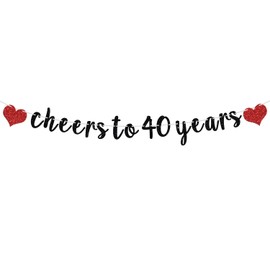 Cheers to 40 Years Banners, Hello 40/40&Fabulous Bunting Sign, Happy 40th Birthday/Wedding Anniversary Party Decorations Supplies, Red and Black Glitter