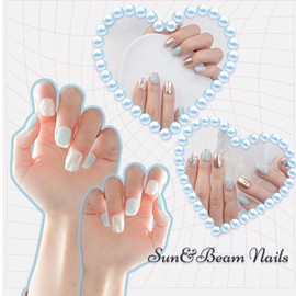 Sun&Beam Nails Handmade Press-on Short Squoval Round Green Gold Glitter glossy Hand-Painted Design Fashion False Nail Tips 10 Pcs Set (#181 S)