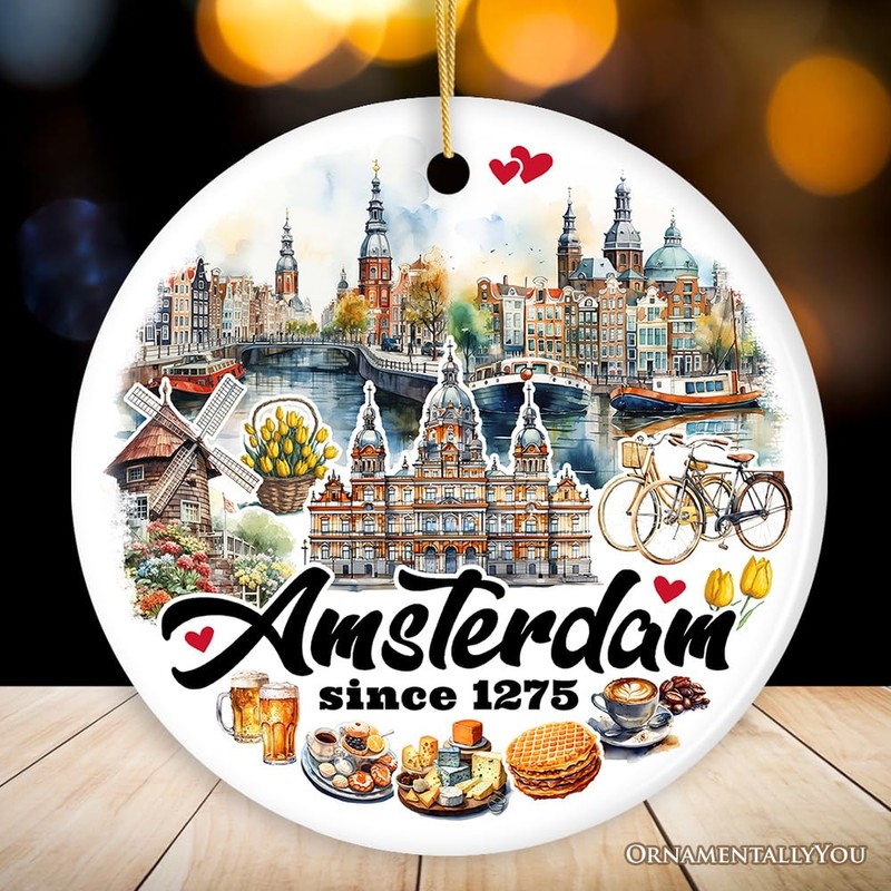 Artistic Amsterdam Landmarks and Heritage Christmas Ornament, Cultural Netherlands Gift