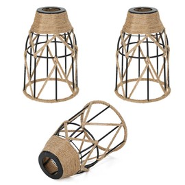 3 Pack Industrial Hemp Rope Pendant Lamp Shade, Small Vintage Boho Hanging Light Shades, Mini Rustic Metal Cage Lampshade for E27 Chandelier Wall Sconces Ceiling Hanging Pendant Light Fixture