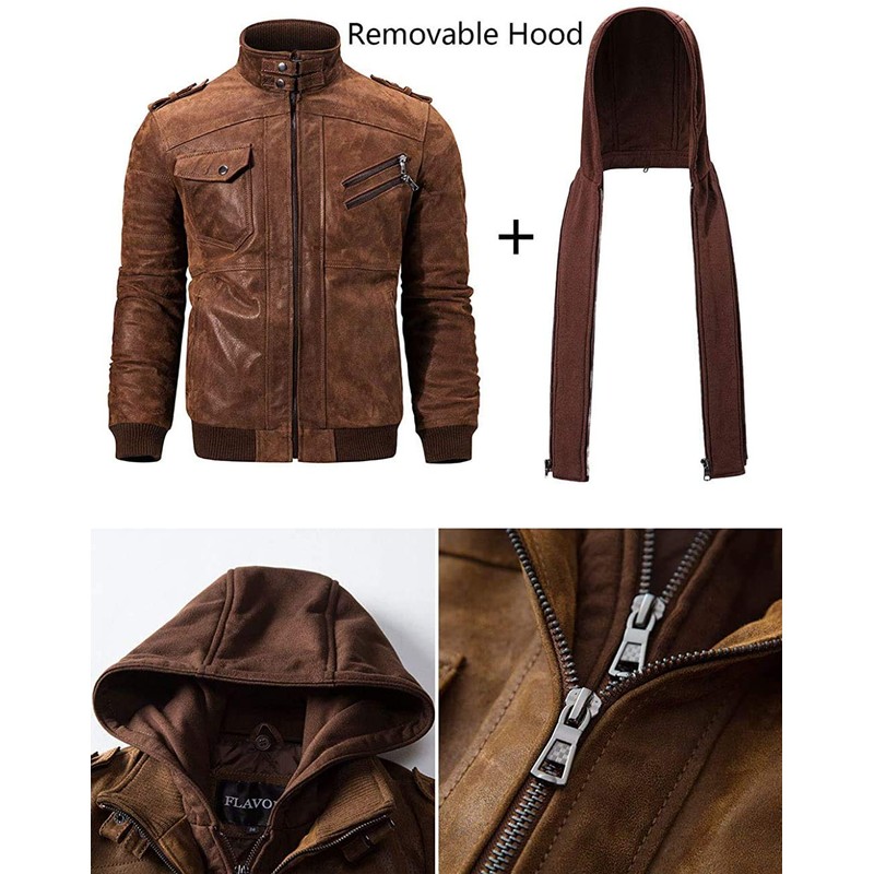 FLAVOR Men Brown Leather Motorcycle Jacket with Removable Hood (Large