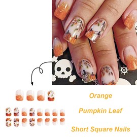 Sutaozhi Fall Press on Nails Short Square Fake Nails Glitter Pumpkins Glue on Nails Thanksgiving False Nail Autumn Leaves Acrylic Nail Glitter Design French Tip Press ons Artificial Nail Kit 24Pcs
