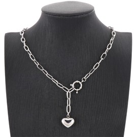 Elefezar Stainless Steel Paperclip Chain Heart Necklace for Women Charm Chunky 18K Gold Plating Jewelry Silver