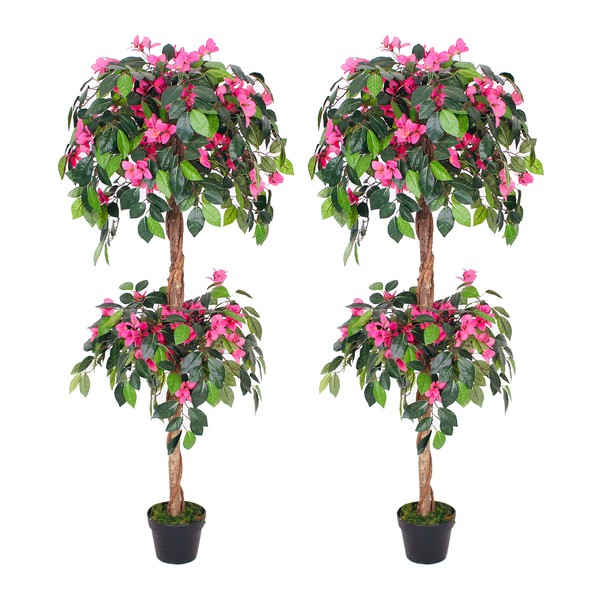 AMERIQUE Pair Gorgeous & Unique 5.3 Feet Roses with Baby's Breath Artificial Tree Silk Plant W Standable Trunk, UV Protection, Feel Real Tech, Red, White and Green, 2