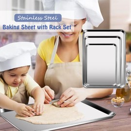 Baking Sheet with Rack Set (3 Pans + 3 Racks), Stainless Steel Baking Pan Cookie Sheet with Cooling Rack, Heavy Duty & Easy Clean，Stainless steel commercial baking tray