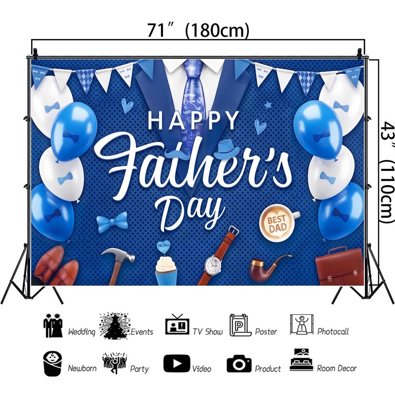 Happy Fathers Day Banner Decorations 5.9×3.6Ft Blue Suit Tie Happy