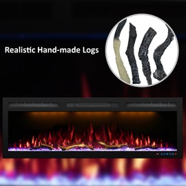 Electric Fireplace Logs, Realistic Synthetic Resin Log Decoration for Indoor Electric Fireplaces Flame w/ 5 Brightness, Thermostat, 750W/1500W, Black