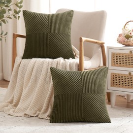 ANRODUO Pack of 2 Olive Green Corduroy Pillow Covers 20x20 Inch Boho Decorative Spliced Throw Pillow Covers Soft Couch Pillowcases Diagonal Patchwork Textured Cushion Covers for Sofa Living Room Decor