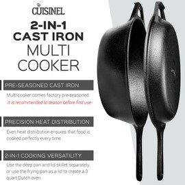 Cast Iron Skillet + Lid - 2-In-1 Multi Cooker - Combo: Deep Pot + Frying Pan - 3-Qt Dutch Oven - Pre-Seasoned Oven Safe Cookware - Indoor/Outdoor - Grill, Stovetop, Induction Safe - Great for Bread
