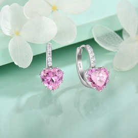 Starchenie 925 Sterling Silver Earrings, Heart Shape Birthstone Pink Leverback Dangle Earrings Jewellery Gift for Women