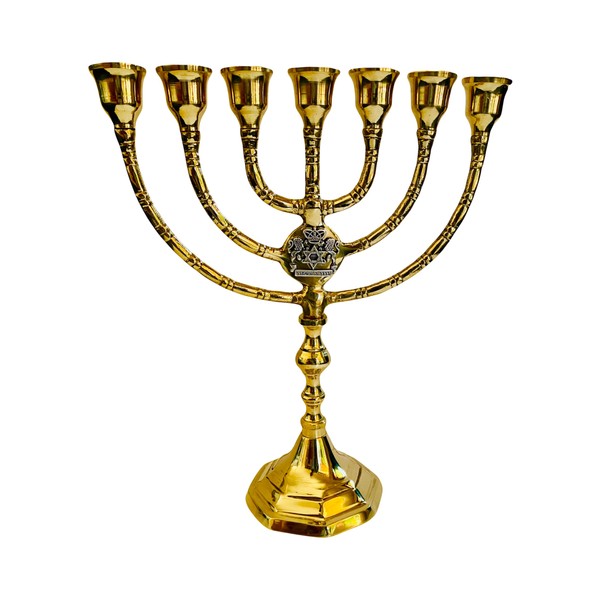 Salomons Menorah Brass, alto 10 pulgadas, 7 ramas, velas Menorah,