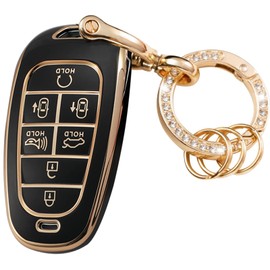 WSAuto for Hyundai Key Fob Cover Soft 7 Buttons TPU Protection Car Key Case Shell with Fashion Gold Bling Keychain Compatible with 2020-2022 Sonata Santa fe Tucson Keyless Entry Smart Key black