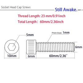 10 Pcs M6-1 x 60mm Hex Socket Head Cap Screws, 12.9 Grade Alloy Steel, Allen Socket Drive, Black Oxide Finish, Machine Thread，Half Thread （10 Pcs M6-1 x 60mm）
