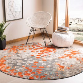 SAFAVIEH Madison Collection MAD425H Boho Abstract Distressed Non-Shedding Dining Room Entryway Foyer Living Room Bedroom Area Rug, 5' x 5' Round, Grey / Orange