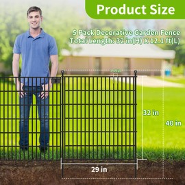 Toolterritary 5 Panels No Dig Garden Fence with Gate, 32 in(H) X12.1 ft(L) Metal Fence Panels, Thickened Rustproof Garden Fencing, Animal Barrier for Dogs, Rabbits, and Patio