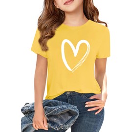 Girls Heart Graphic Print Short Sleeve T Shirts Kids Summer Casual Basic Tee Shirts Loose Fit Tops(Yellow,Xin,140)