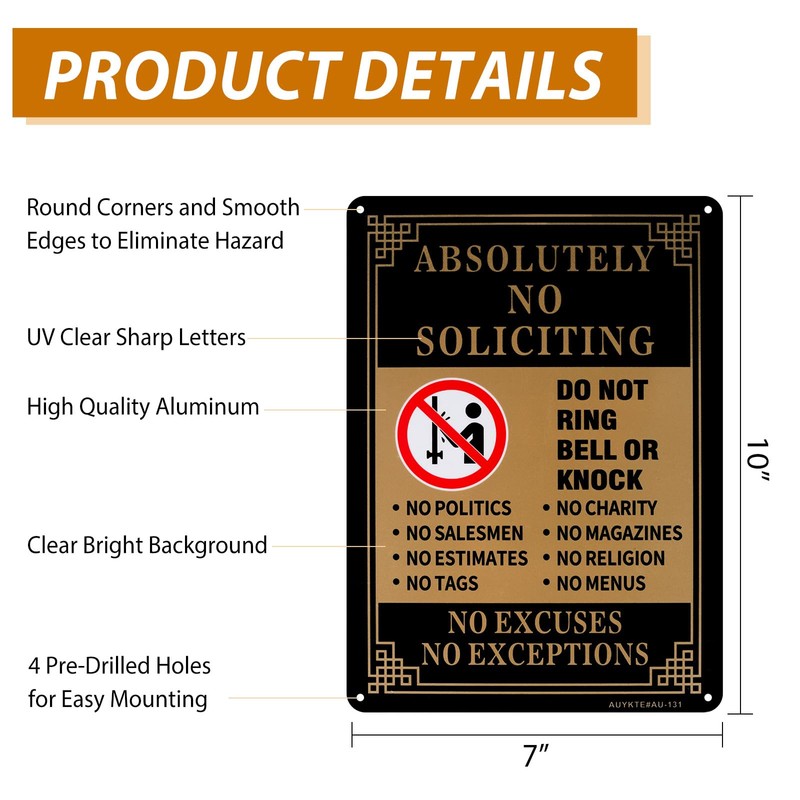 AUYKTE Absolutely No Soliciting Sign 2 Pack, No Excuses, No
