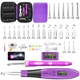 24-in-1 Ergonomic Crochet Hook Set with LED Light & Stitch Counter - 2.0-14.0mm Interchangeable Metal and Plastic Hook Heads, Yarn Needles, Stitch Marker, Ruler, Thimble & Storage Box