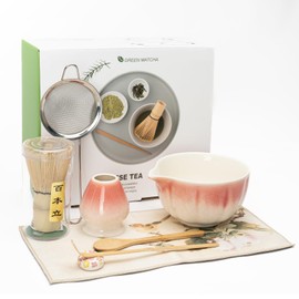 Matcha Whisk Set, Matcha Bowl with Spout, 8PCS Macha kit, Matcha Whisk and Bowl, Chasen, Bamboo Scoop, Scoop Rest, Sifter and Tea Towel, Gifts and Ceremony Set for Macha Lovers.(Pink)