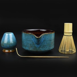 Artcome 4 Pcs Complete Matcha Tea Ceremony Kit for Japanese Tea Ceremony, Bowl with Pouring Spout, Whisk, Whisk Holder, Tea Scoop, Matcha Tea Set For Making Usucha, Koicha and Matcha Latte (Sapphire)