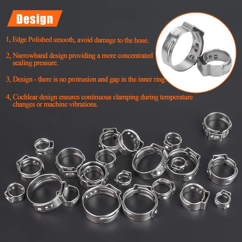 HELIFOUNER 100 Pieces 6-21mm 304 Stainless Steel Single Ear Hose