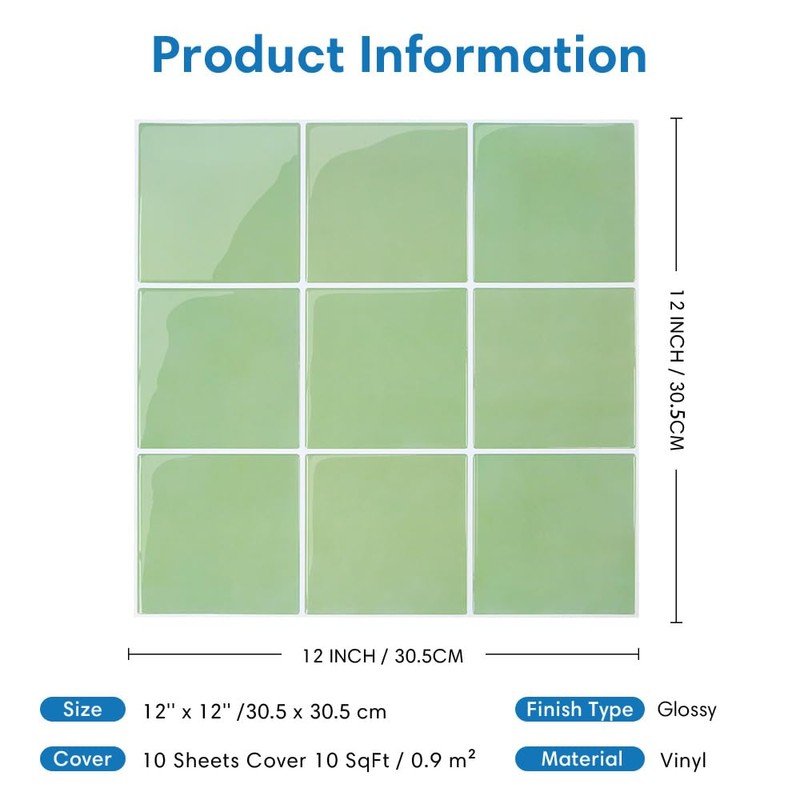 COMSTICKC Thicker Green Peel and Stick Backsplash,10 Pcs of 12''x12'',