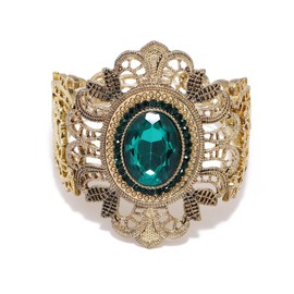 Cykdohy Vintage Green Rhinestone Large Flower Stretch Wide Bangle Bracelet for Women Oxidized Antique Gold Crystal Hollow Pattern Chunky Statement Elastic Bracelets Party Prom Hand Wrist Jewelry