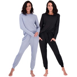 Real Essentials 2 Pack: Women's Super Soft Long Sleeve Sleep Set - Comfortable Lounge Pajama Casual Hoodie Jogger, Multicolor, Hoodie Set 6, Large