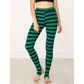 Allegra K Women's Leggings Printed High Waist Elastic Waistband Party Yoga Christmas Stirrup Pants Large Green Blue-Stripe