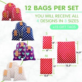 ERIBAGZ 12 pcs x Reusable Gift Bags + 15 Gift Tags & String. Multipurpose Fabric gift bags, Colorful & Durable Birthday Bags. Drawstring gift bags for any occasion. 15th Ed.