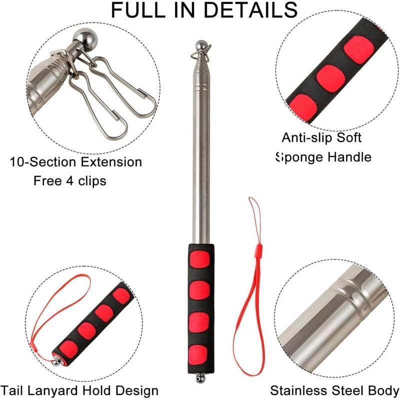 8.2FT（2.5M）Telescopic Handheld Flag Poles with Clips， Portable Camping Flag Pole