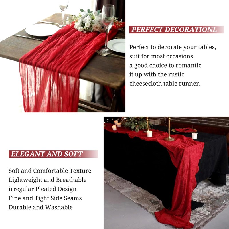 6 Pack Red Cheesecloth Table Runner, 10Ft Boho Gauze Table