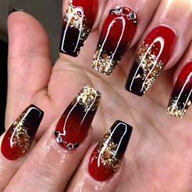 Vopintpy Black Red Gradient Fake Nails with Gold Glitter Glue on Nails Long Square Rhinestones Press on Nails Glossy Acrylic Stick on Nails for Women DIY Charm Manicure