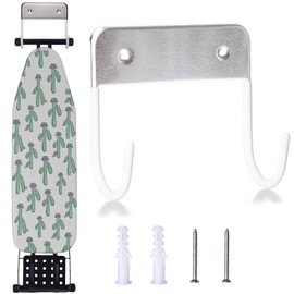 ZHMY Ironing Board Holder Wall Mount, Stainless Steel Ironing Board Hanger with 2 Hooks, Laundry Rooms Wall Iron Board Holder Hook for Y or T Leg (White)