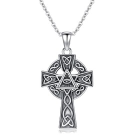 URONE Cross Celtic Knot Necklace for Men Women 925 Sterling Silver Irish Trinity Knot Celtic Cross Pendant Vintage Irish Protection Amulet Jewelry Birthday Gifts